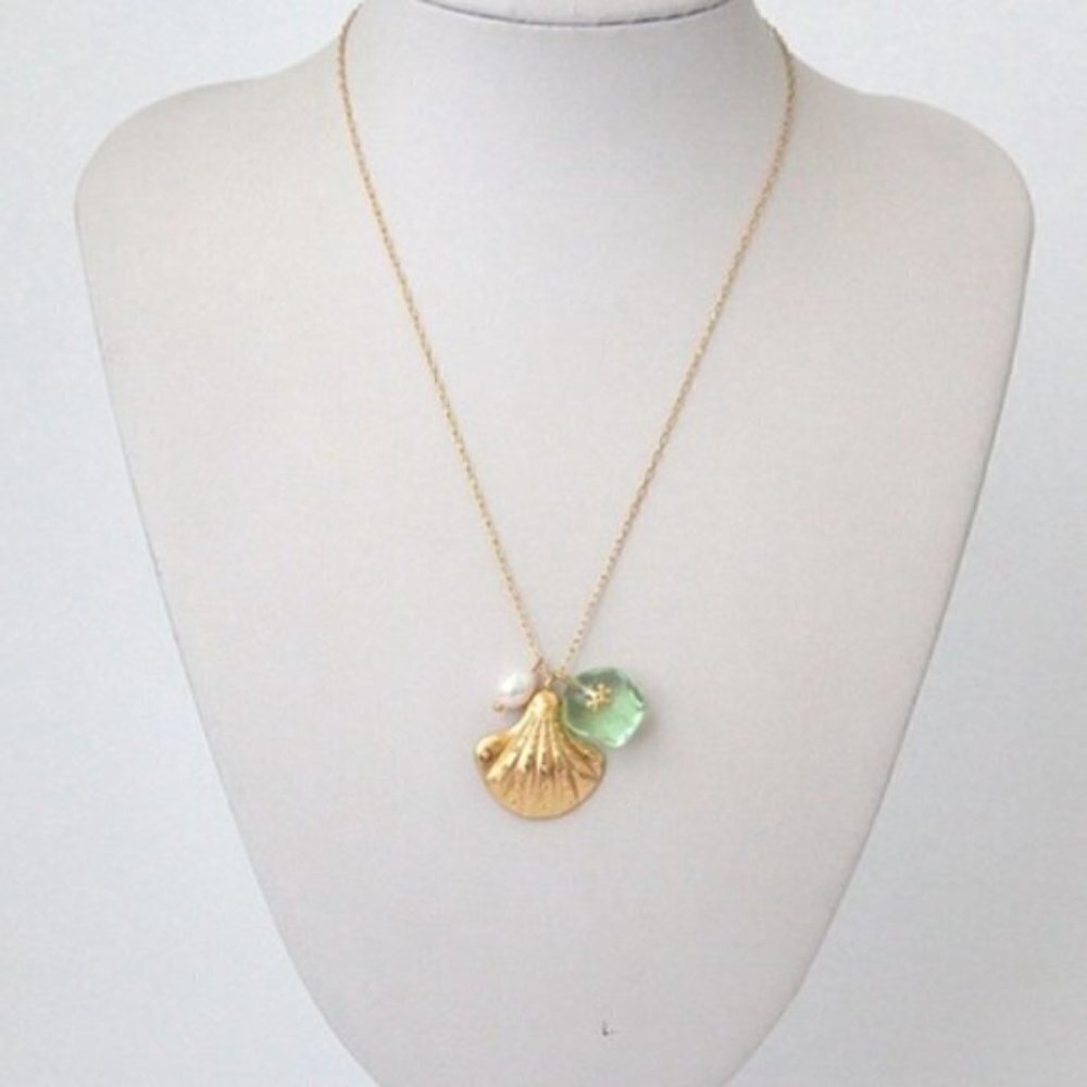 Tory Burch Charm Necklace Gold Shell Pearl Green Pendant Layering Necklace - Picture 4 of 7